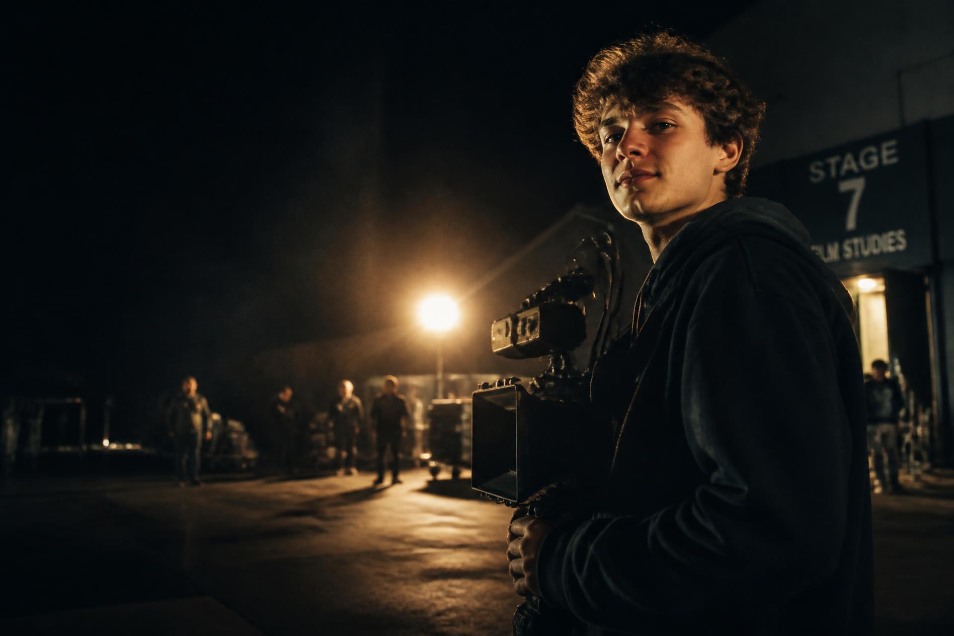 A student filmmaker holding a camera rig on a soundstage at night