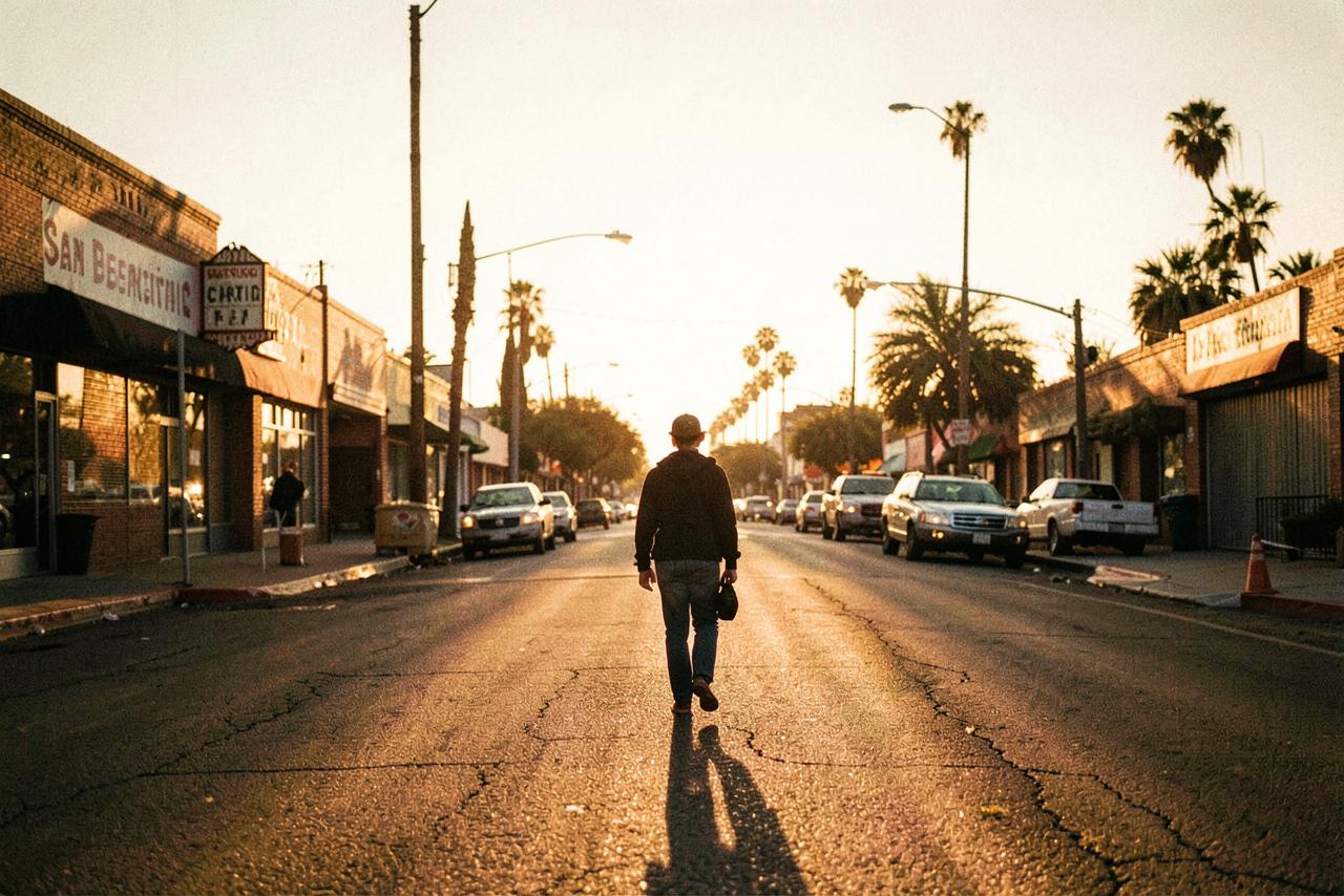 A lone figure walking down a San Bernardino street at golden hour