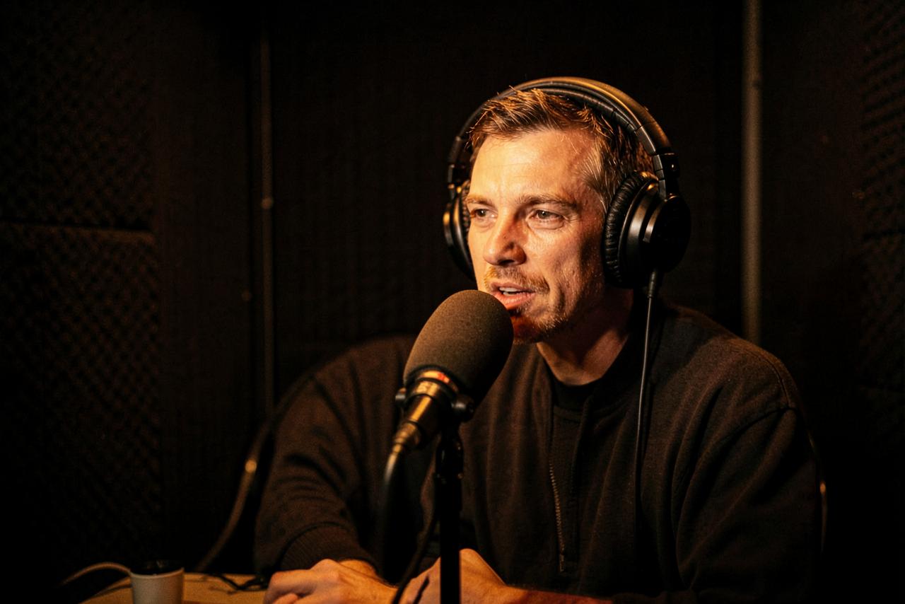 An interview subject speaking into a studio microphone