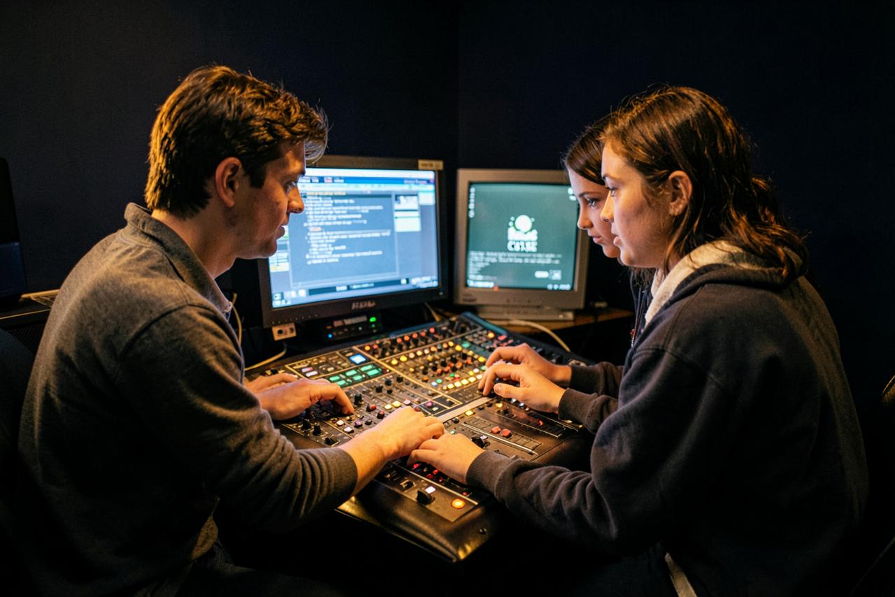 Two students operating a television studio control board